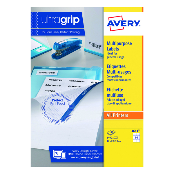 Avery Ultragrip Multipurpose Labels 105x42.3mm 14 Per Sheet White (1400 Pack) 3653
