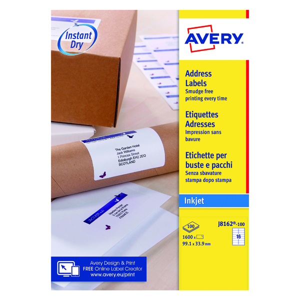 Avery Inkjet Address Labels QuickDRY 99.1x33.9mm 16 Per Sheet White (1600 Pack) J8162-100