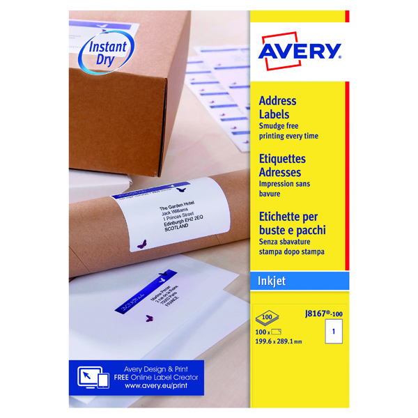 Avery Inkj Label 199.6x289.1mm 1 Per Sheet Wht (Pack of 100) J8167-100
