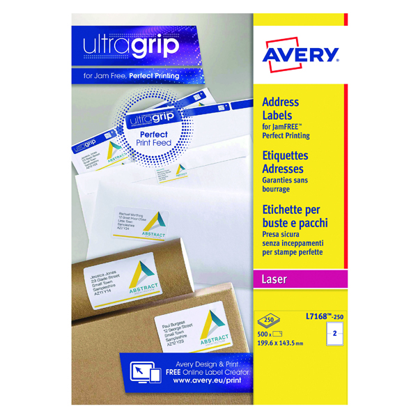 Avery Ultragrip Laser Labels 199.6x143.5mm Wht (Pack of 500) L7168-250