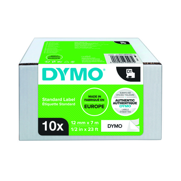 Dymo D1 LabelMaker Tape 12mmx7mm Black on White (Pack of 10) 2093097