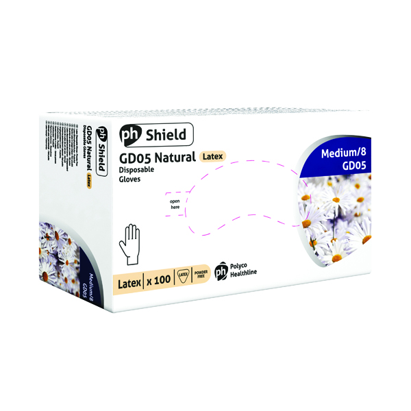 Shield Powder-Free Latex Gloves Medium Natural (100 Pack) GD05