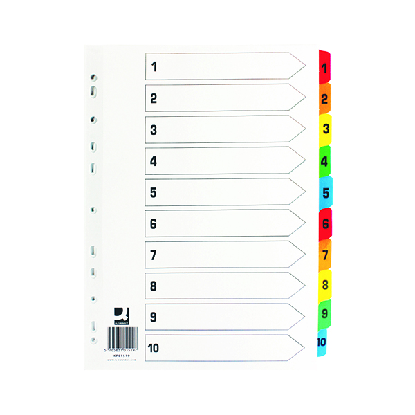 Q-Connect 1-10 Index Multi-punched Reinforced Board Multi-Colour Numbered Tabs A4 White KF01519