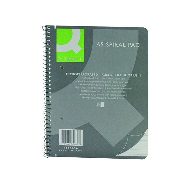 Q-Connect Ruled Margin Spiral Soft Cover Notebook 160 Pages A5 (Pack of 5) KF10039