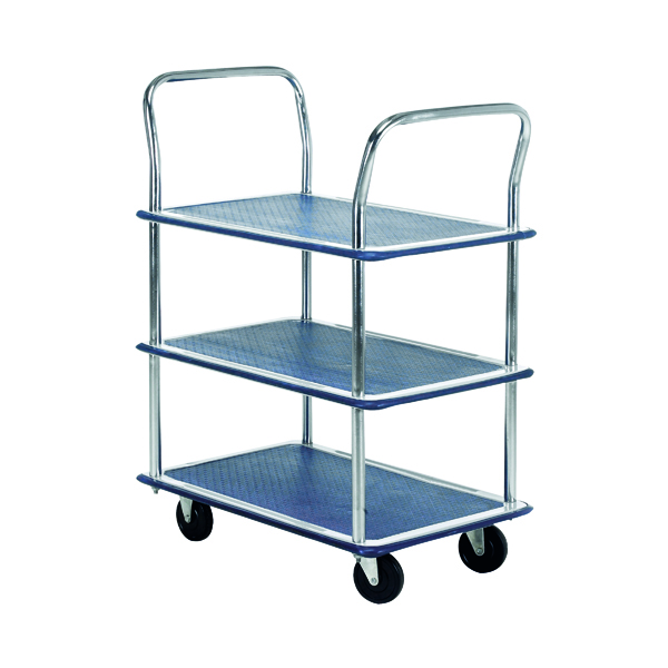Barton Silver and Blue 3 Shelf Trolley with Chrome Handles PST3
