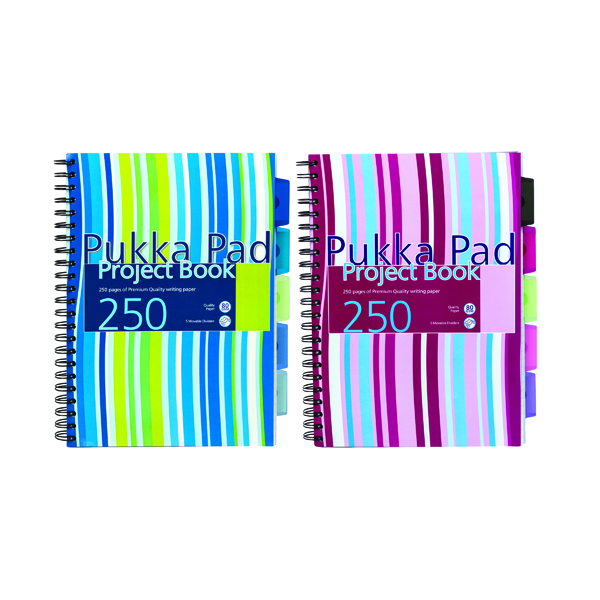 Pukka Pad Stripes Polypropylene Project Book 250 Pages A4 Blue/Pink (3 Pack) PROBA4