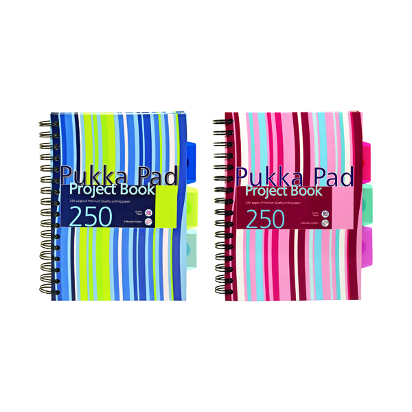 Pukka Pad Stripes Wirebound Hardback Project Notebook 250 Pages A5 Blue/Pink (3 Pack) CBPROBA5