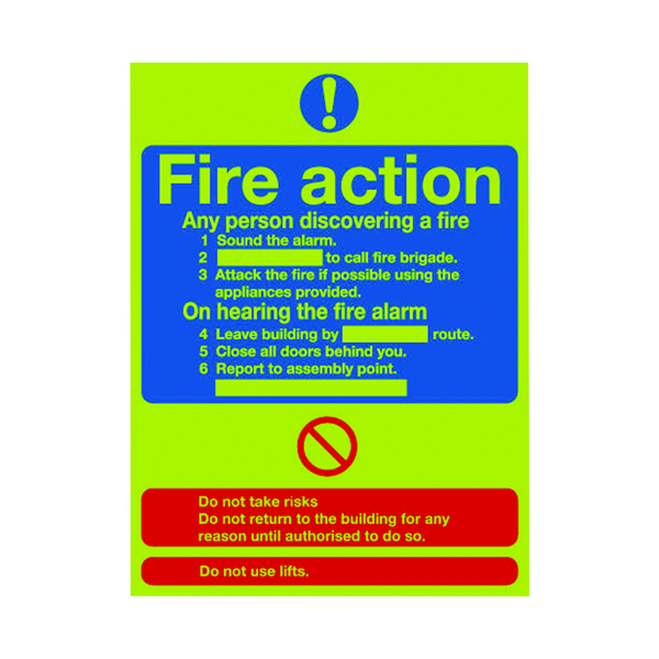 Safety Sign Niteglo Fire Action 300x250mm PVC FR03527M